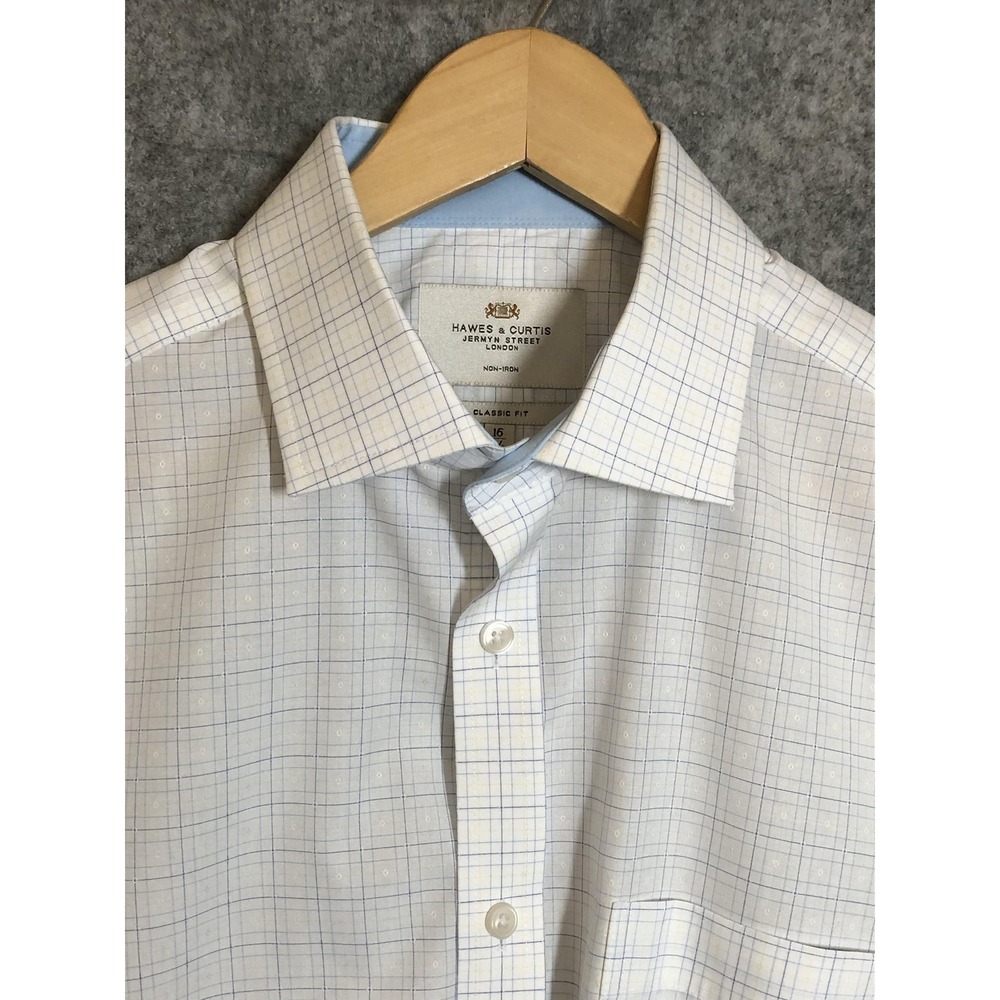 Hawes & Curtis Shirt Mens 16/34 White Blue Check Classic Fit Non Iron Dress‎